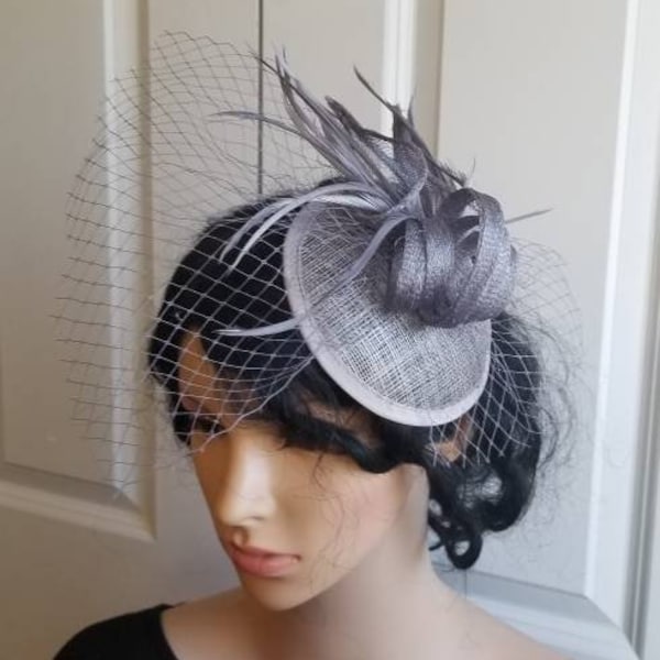 Silver Gray Veil Fascinator Hat - Wedding Hat, Kentucky Derby Hat, Race Hat, Tea Party Hat, Bridal Hat, Church Hat, Gray Hat, Silver Hat