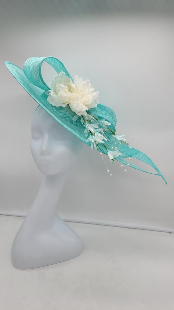 Turquoise Sinamay Fascinator: Kentucky Derby Hat With White  display picture 1