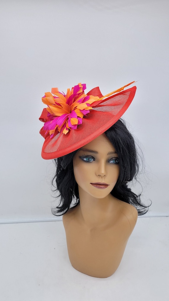 Red Sinamay Kentucky Derby Fascinator: Orange & Pink Flowers  display picture 2