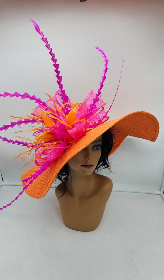 Extra Large Orange Kentucky Derby Hat: Hot Pink Feathered  display picture 2