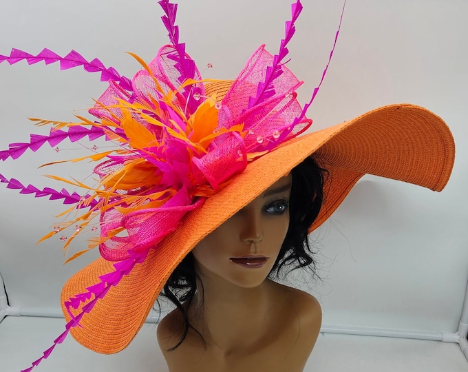 Extra Large Orange and Hot Pink Kentucky Derby Hat- Wedding Fascinator, Race Hat, Church, Tea Party Hats