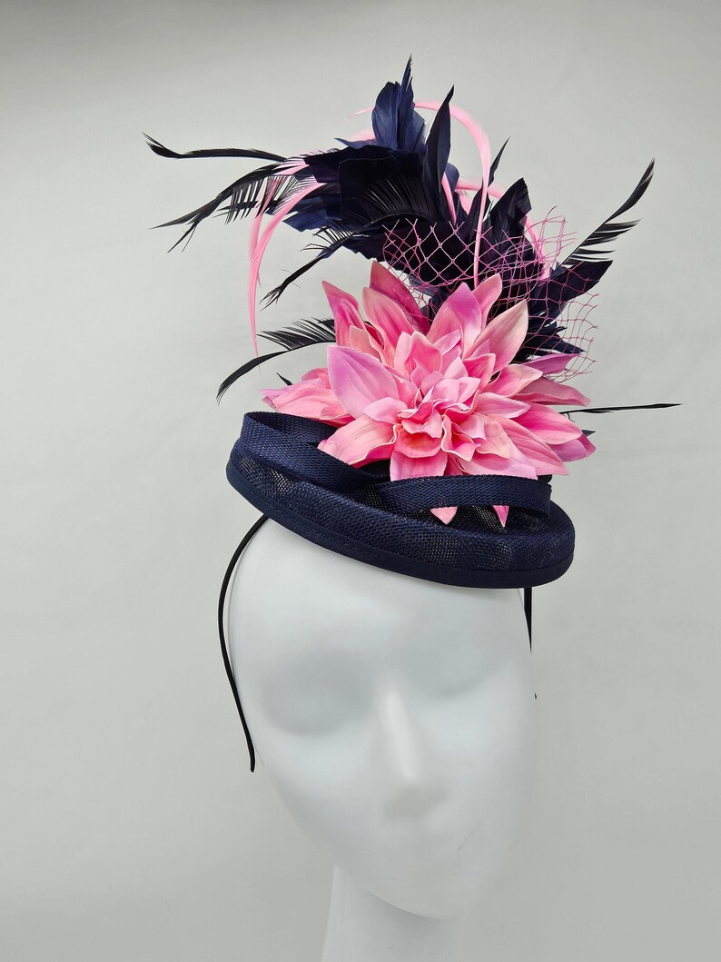 Navy Blue and Pink Kentucky Derby Hat Wedding Hat, Easter Hat, church hat, bridal hat image 1