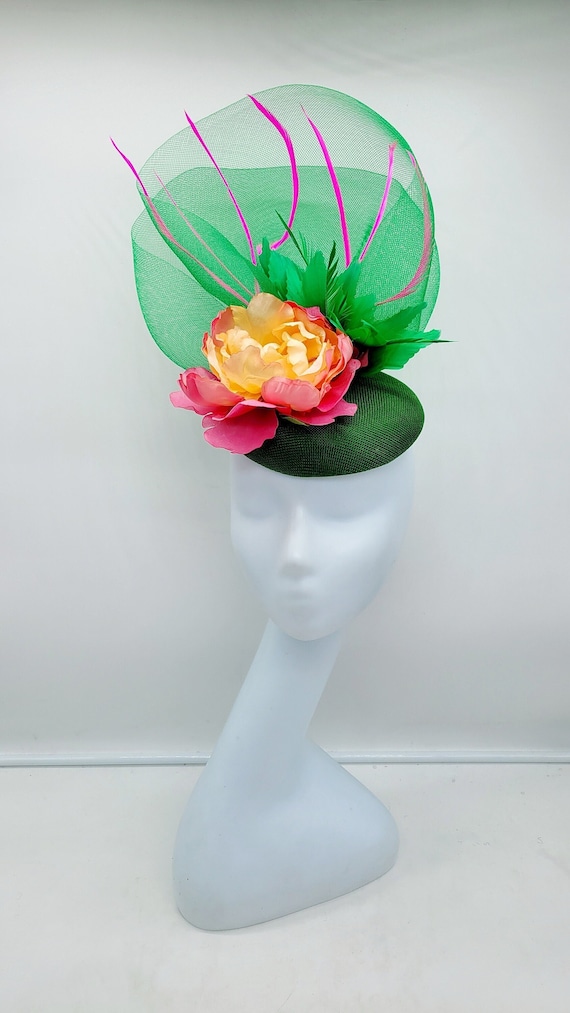 Green Fascinator Hat: Pink Floral Kentucky Derby - Etsy display picture 1