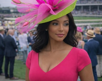 Lime Green Kentucky Derby Hat: Pink Floral Ascot Wedding Hat