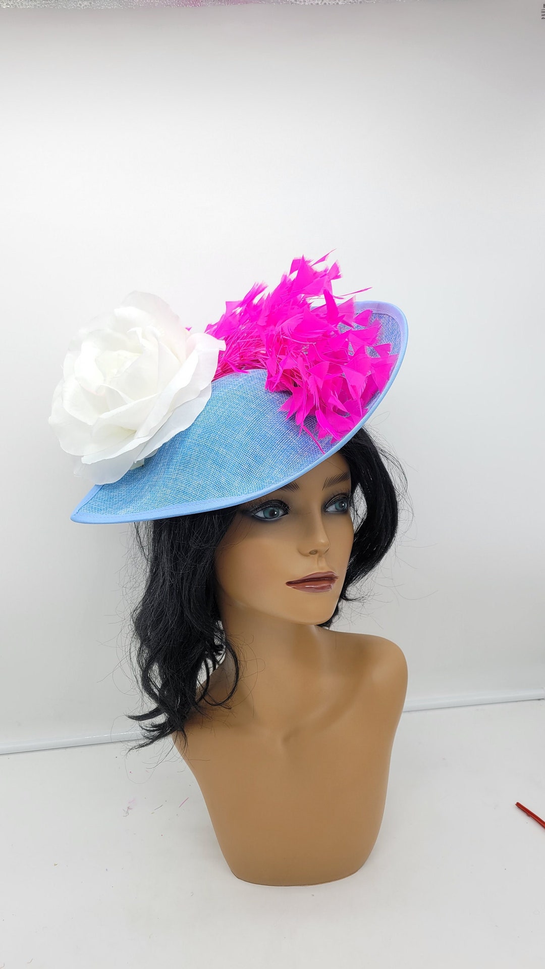 Blue Sinamay Kentucky Derby Fascinator: Pink Feather Wedding 