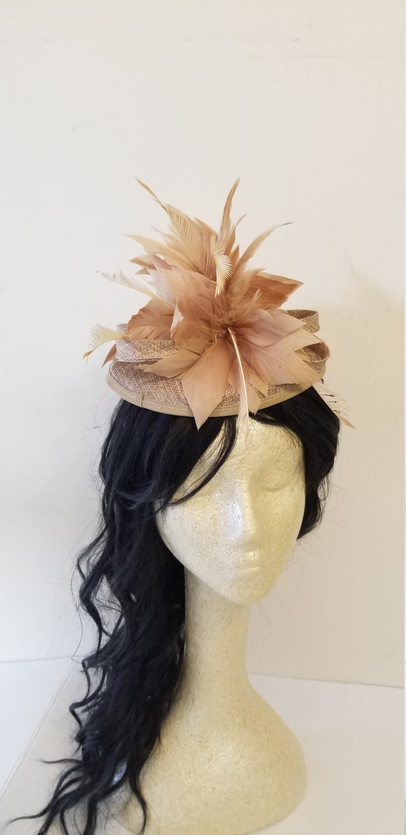 Feathered Tan Fascinator Hat Buy Beige Brown Chocolate Gold Tan Feather Kentucky Derby  main image 3
