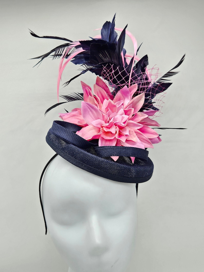 Navy Blue and Pink Kentucky Derby Hat Wedding Hat, Easter Hat, church hat, bridal hat image 2