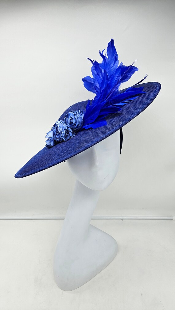 Elegant Blue Feathered Hat Elegant Blue Hat With Feather And Bead Detail White  main image 2
