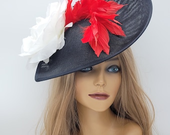 Black, Red and white Kentucky Derby Fascinator-  Wedding Hat, Derby Hats, Royal Ascot, Vintage Hat, Church Hat, Easter Hat