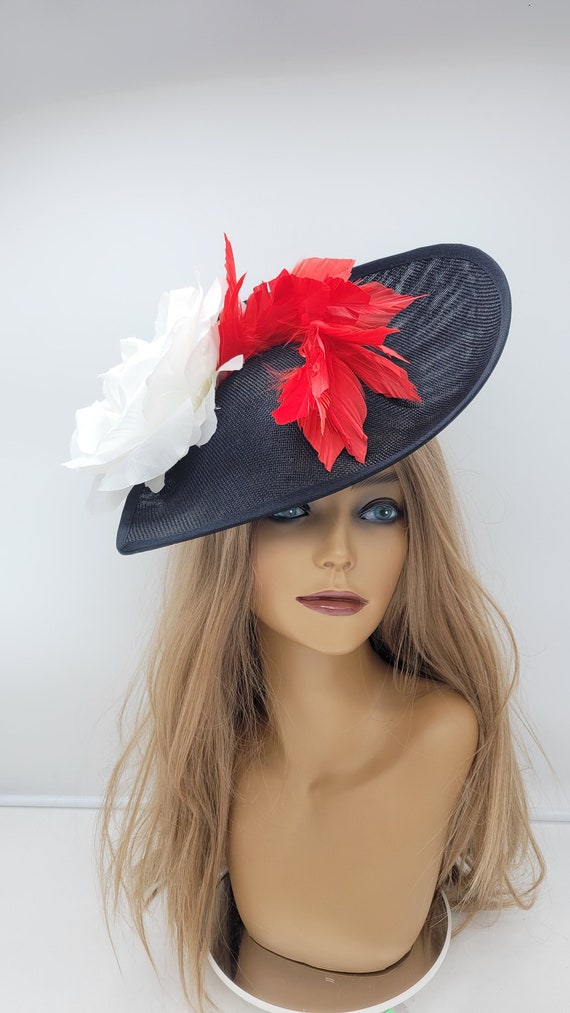 Black Kentucky Derby Fascinator: Red & White Floral Ascot  display picture 1