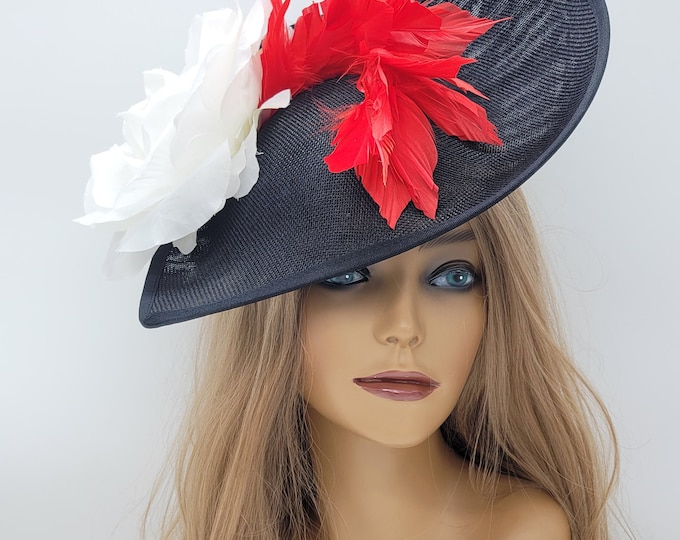 Black, Red and white Kentucky Derby Fascinator-  Wedding Hat, Derby Hats, Royal Ascot, Vintage Hat, Church Hat, Easter Hat