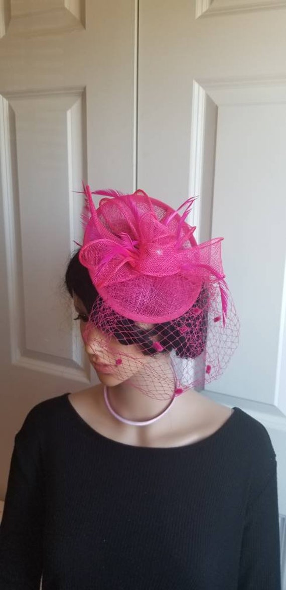 Hot Pink Sinamay Fascinator: Kentucky Derby Hat With Veil - Etsy display picture 1