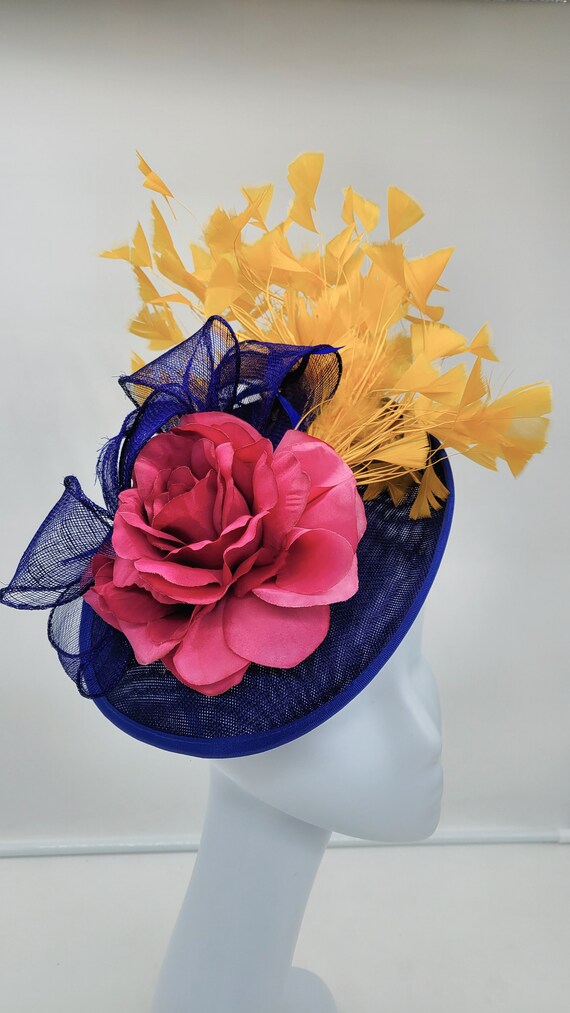 Blue Kentucky Derby Hat: Pink Flower, Yellow Feather Church  display picture 1