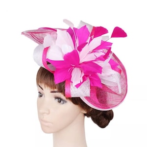 Fuchsia and White Kentucky Derby Hat - Wedding Hat, Hot Pink Fascinator, Church Hat, White and Pink