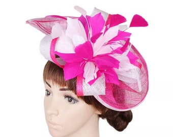 Cappello Derby Kentucky fucsia e bianco - Cappello da sposa, Fascinator rosa caldo, Cappello da chiesa, bianco e rosa