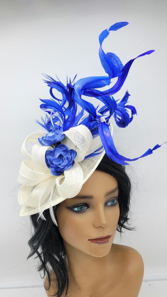 Ivory and Royal Blue Kentucky Derby Hat, Fascinator Wedding Hat