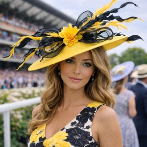 May include: A yellow hat with black and yellow feathers and a flower accent. The hat is worn by a person wearing a floral print dress. The hat is a statement piece, perfect for a special occasion.