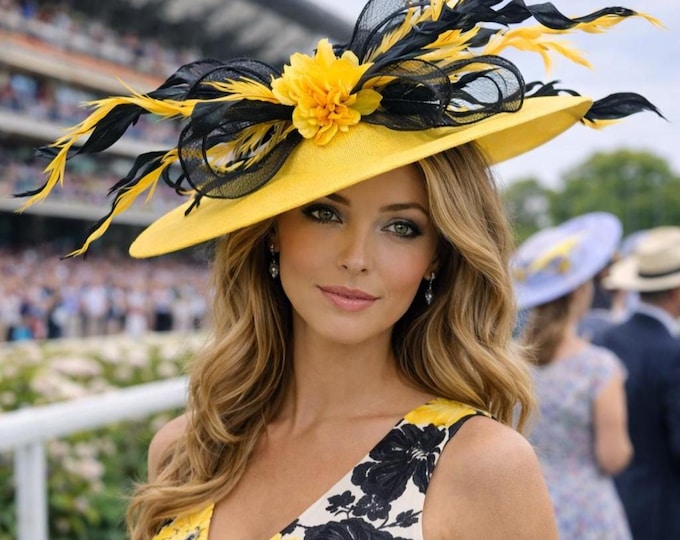 Large Yellow and black Fascinator Hat Wedding