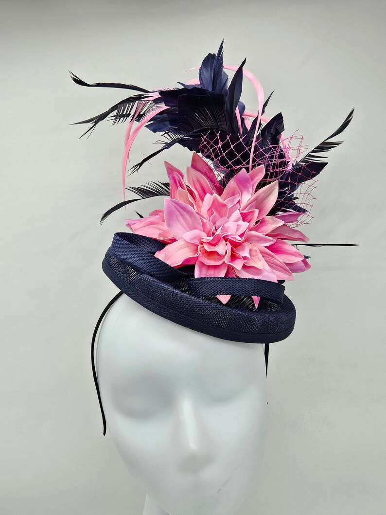 Navy Blue and Pink Kentucky Derby Hat Wedding Hat, Easter Hat, church hat, bridal hat image 3