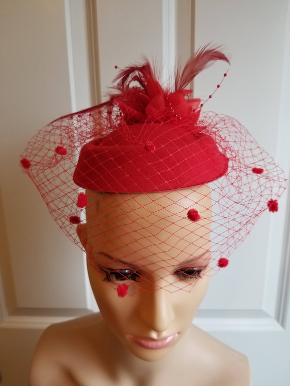 Red Pillbox Fascinator: Kentucky Derby Hat With Veil - Etsy display picture 3