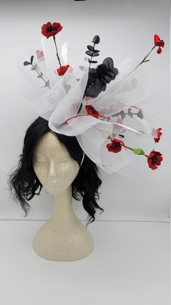 Floral Kentucky Derby Hat: Red, Black & White Race Day  display picture 3