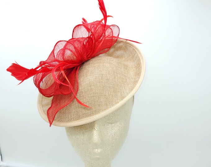 Tan and Red Fascinator Hat - Wedding Hat, Kentucky Derby Race, Vintage