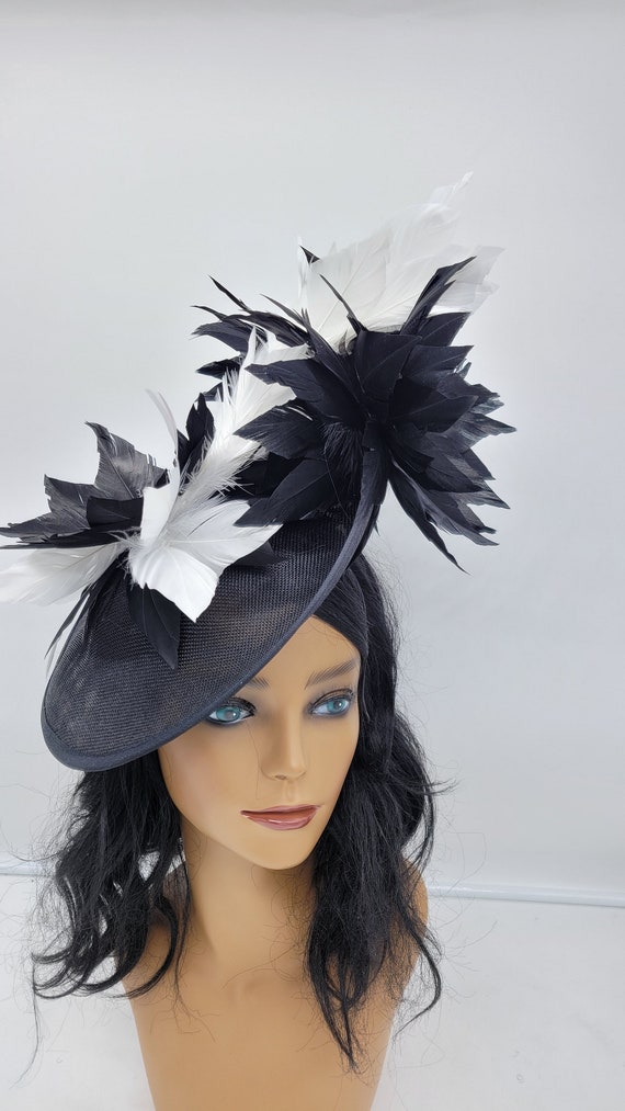 KENTUCKY DERBY Elegant Black and White Feathered Hat Kentucky Derby Hat.royal Ascot,del Mar,formal Hat.animal  main image 2