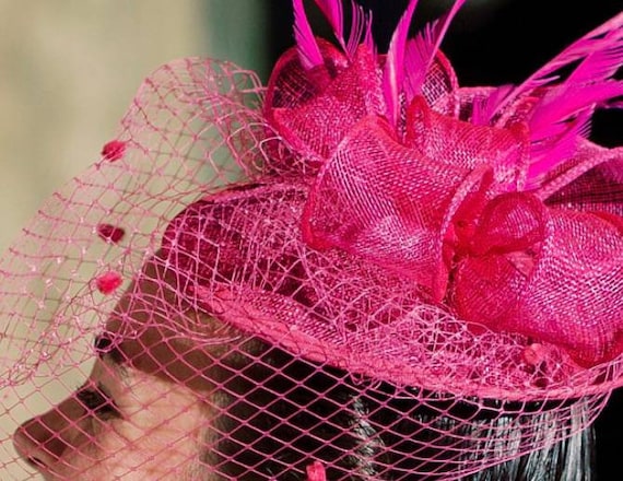 Hot Pink Sinamay Fascinator: Kentucky Derby Hat With Veil - Etsy display picture 3