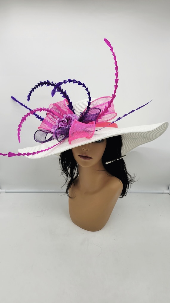 Large White Kentucky Derby Hat: Pink & Purple Bow Fascinator  display picture 2