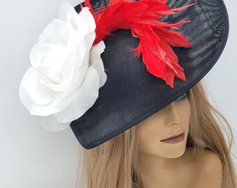 Black and Red Kentucky Derby Fascinator: White Rose Floral  display picture 3