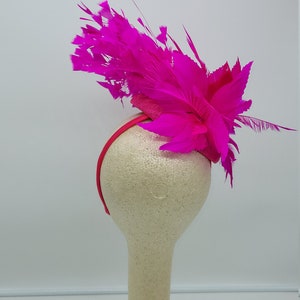 May include: A bright pink feather headband with a small, round base. The headband is displayed on a white mannequin head.