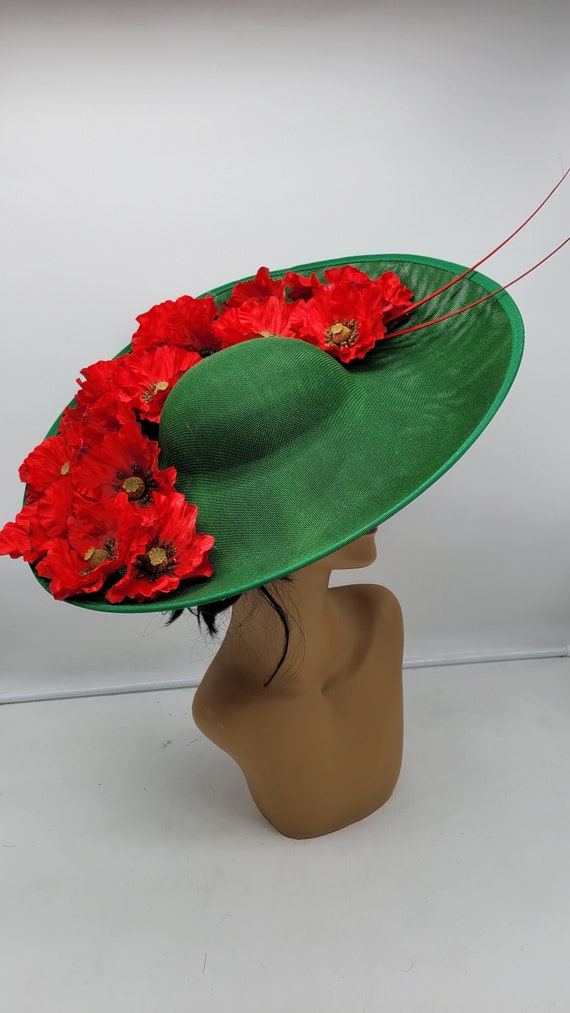 Vibrant Red and Green Floral Hat Large Red & Emerald Green Rose Floral Flower Fascinator Hat  main image 4
