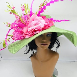 Large Lime Green and Pink Kentucky Derby Hats - Wedding Hat, Royal Ascot, Church Hat, Easter Hat Race Hat