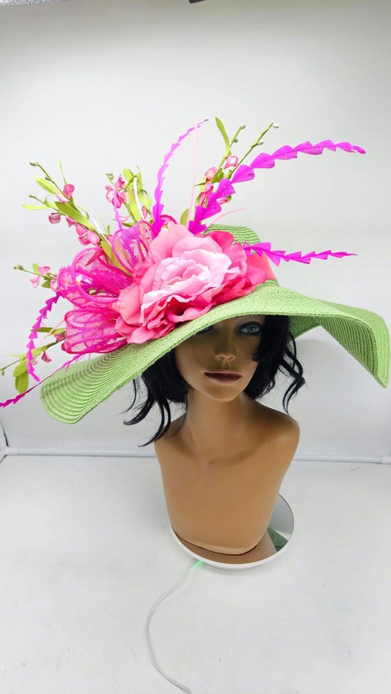 Lime Green Kentucky Derby Hat: Pink Floral Ascot Wedding Hat  display picture 2