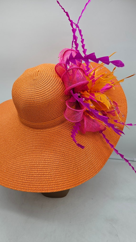Vibrant Pink & Orange Feathered Fascinator with Orange-Red Ribbon Pink and Orange Fascinator - Etsy main image 4