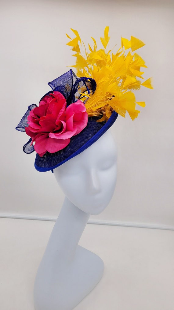 Blue Kentucky Derby Hat: Pink Flower, Yellow Feather Church  display picture 1