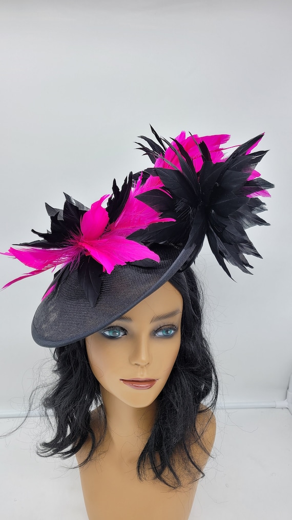 Black and Hot Pink Feather Fascinator: Kentucky Derby Hat - Etsy display picture 2