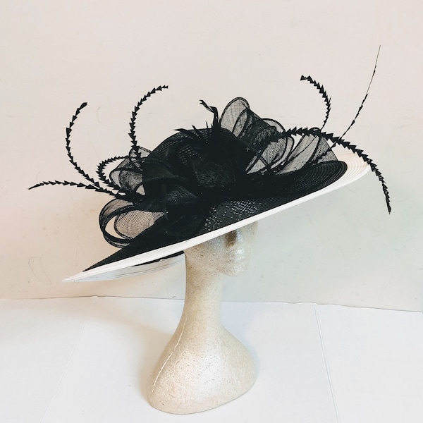 Large Black and white Kentucky Derby Hat - Black and White Hat, Funeral, Race Hat, Tea Party Hat, Bridal Hat, Fancy Hat