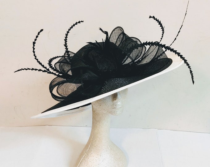 Large Black and white Kentucky Derby Hat - Black and White Hat, Funeral, Race Hat, Tea Party Hat, Bridal Hat, Fancy Hat