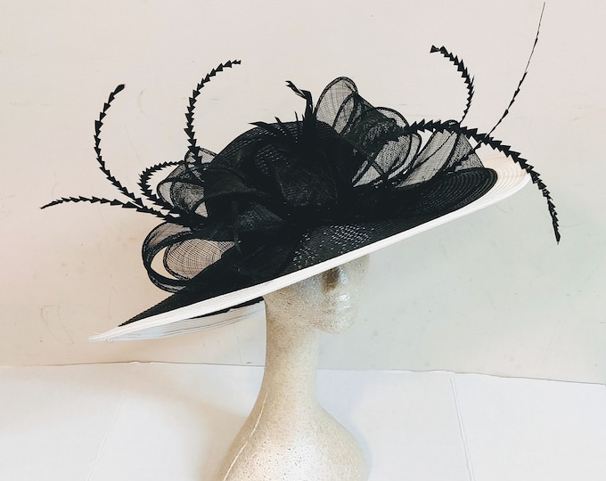 Large Black and white Kentucky Derby Hat - Black and White Hat, Funeral, Race Hat, Tea Party Hat, Bridal Hat, Fancy Hat