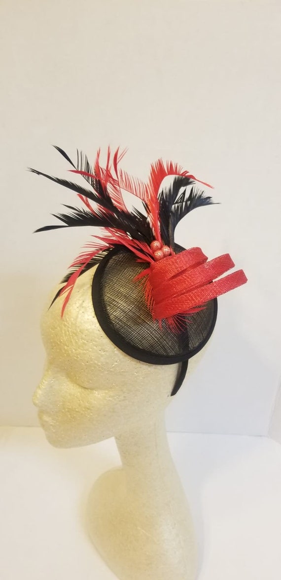 Handmade Derby Black Fascinator Hat with Red Feather Accent Black Fascinator Hat Beige Red Details Mother of Bride Groom  main image 2