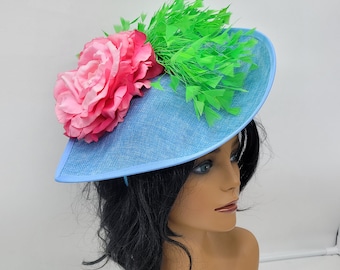 Blue Sinamay Kentucky Derby Fascinator: Pink feathers and White Flower Wedding Hat