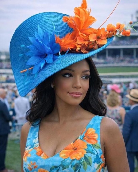 Elegant Lake Blue and Orange Fascinator Headpiece - Women Accessories Royal Blue Orange Feather Flower Disc Saucer Hat Fascinator  main image 2