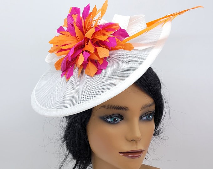 White, Hot Pink and Orange Fascinator Hat - Wedding Hat, Kentucky Derby Hat, Race Hat, Fancy Hat