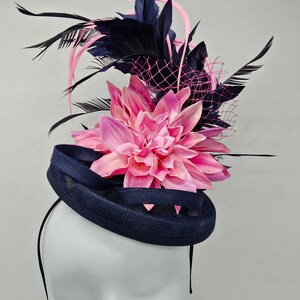 Navy Blue and Pink Kentucky Derby Hat Wedding Hat, Easter Hat, church hat, bridal hat image 4