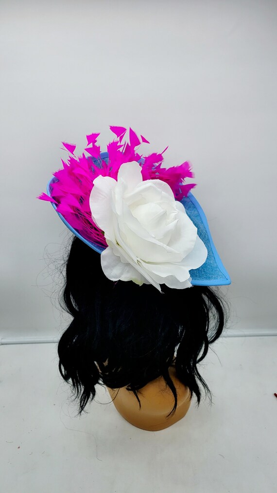 Powder Blue Sinamay Rose Feather Fascinator Hat Kentucky Derby Wedding & Church Blue Sinamay Kentucky Derby Fascinator: Pink Feather Wedding  main image 4
