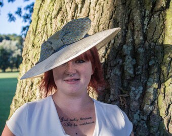 Blue Hat // Shallow Crown Hat // Rounded Crown Hat // Bow Hat // Fabric Bow // Blue and Cream // Wedding Hat // Occasion Wear // Hand Woven