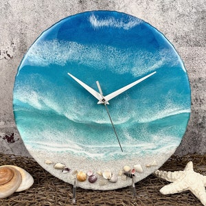 White Sand Beach Wall Clock with Shells, Tropical Ocean Beach Art, Abstract Resin Art on Vinyl Record, Turquoise Blue and White Ocean Waves
