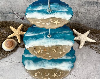 3 Tiered Cake Tray, Ocean Beach Serving Stand, Sand & Shells with Turquoise Blue Waves Resin Art,   Afternoon Tea Party Cupcake Stand