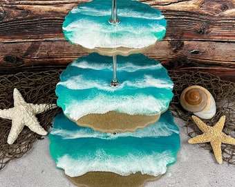 3 Tiered Ocean Beach Dessert Tray, Turquoise Teal Aqua Blue Green Cake Serving Stand, Tea Party Cupcake Stand, Sand & Waves Resin Art